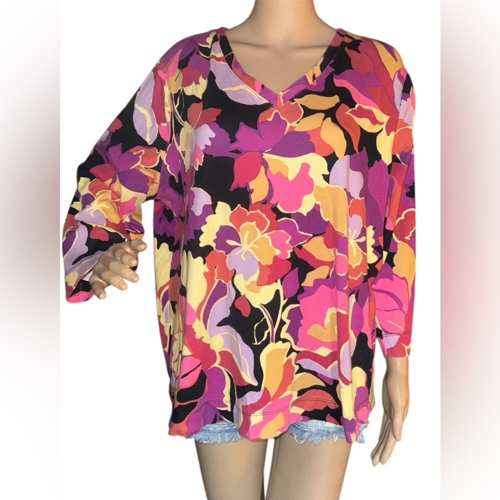 Chico's Pink, Yellow Black Red Yellow Floral V‑Neck Long Sleeve Top - Picture 2 of 7